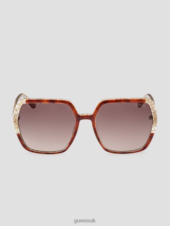 GUESS Women Glitter Square Plastic Sunglasses Dark Havana/Gradient Brn Accessory V28V63758