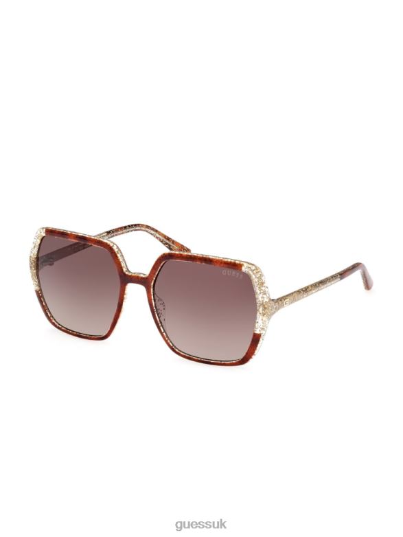 GUESS Women Glitter Square Plastic Sunglasses Dark Havana/Gradient Brn Accessory V28V63758