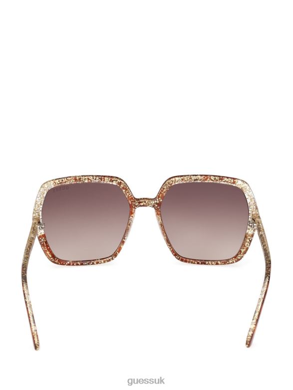 GUESS Women Glitter Square Plastic Sunglasses Dark Havana/Gradient Brn Accessory V28V63758