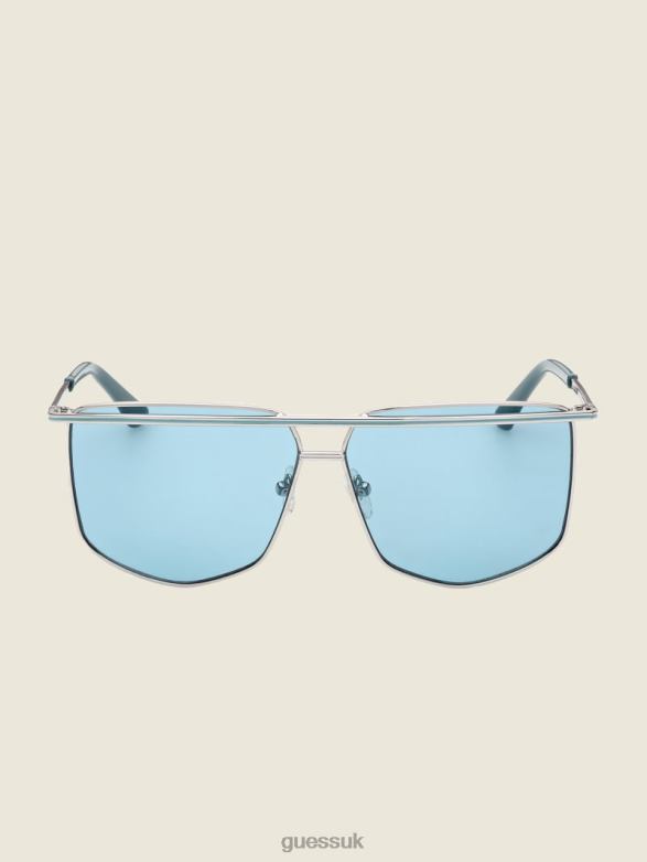 GUESS Women Metal Brow Bar Geometric Sunglasses Shiny Silver/Blue Accessory V28V63768
