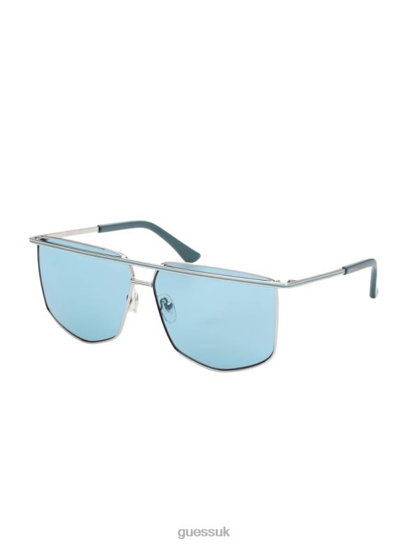 GUESS Women Metal Brow Bar Geometric Sunglasses Shiny Silver/Blue Accessory V28V63768