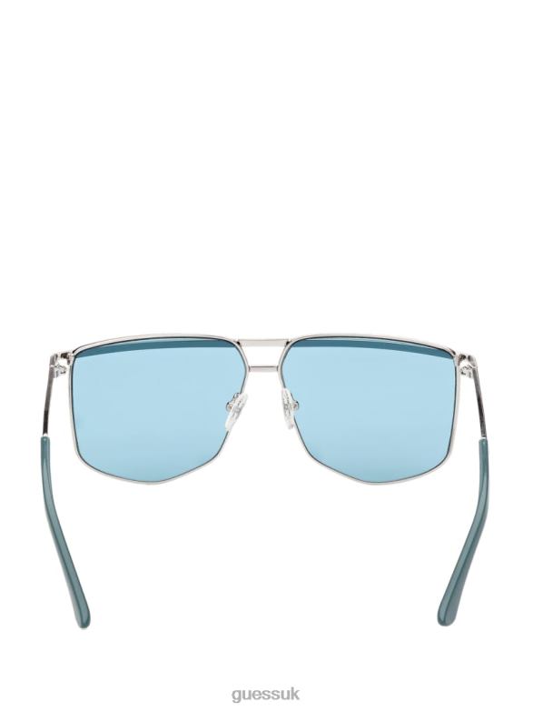 GUESS Women Metal Brow Bar Geometric Sunglasses Shiny Silver/Blue Accessory V28V63768