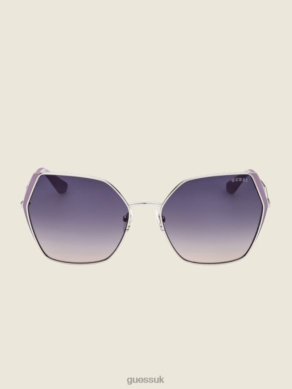 GUESS Women Oversized Metal Geometric Sunglasses Wht/Silver Accessory V28V63691