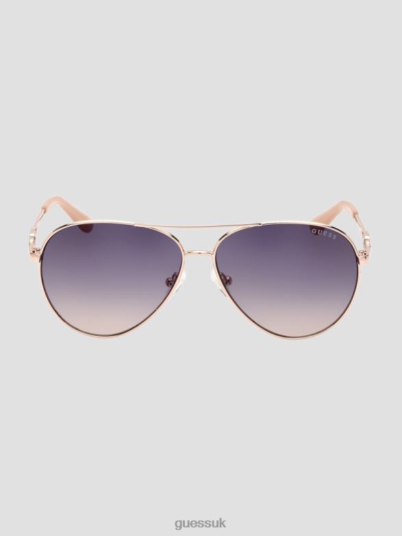GUESS Women Square G Link Metal Aviator Sunglasses Shiny Rose Gold/Gradient Accessory V28V63656