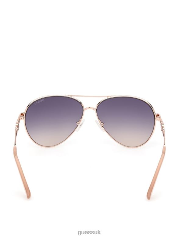 GUESS Women Square G Link Metal Aviator Sunglasses Shiny Rose Gold/Gradient Accessory V28V63656