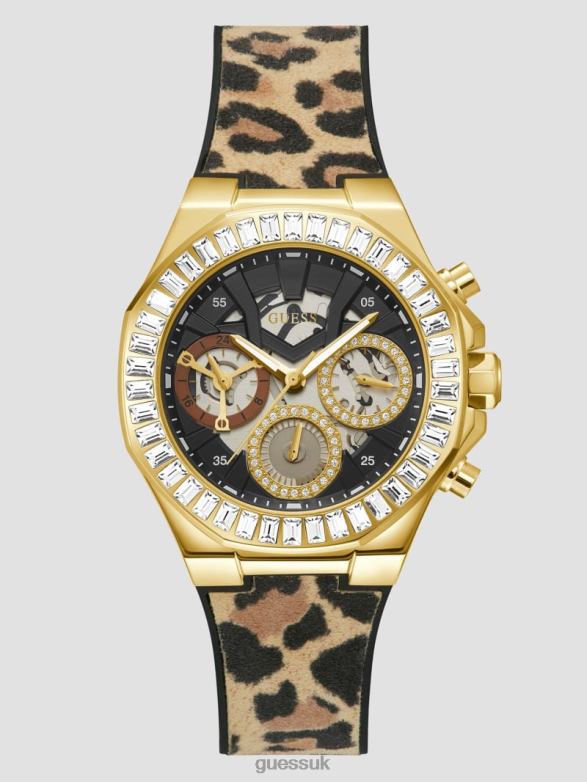 GUESS Women Animal Print Silicone Multifunction Watch Gold Accessory V28V63624