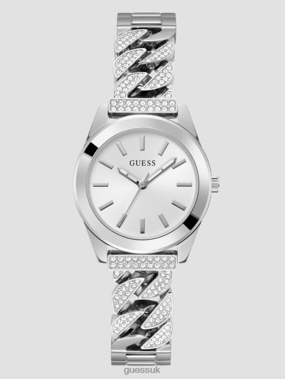GUESS Women Crystal Curb Chain Analog Watch Silver Accessory V28V63577