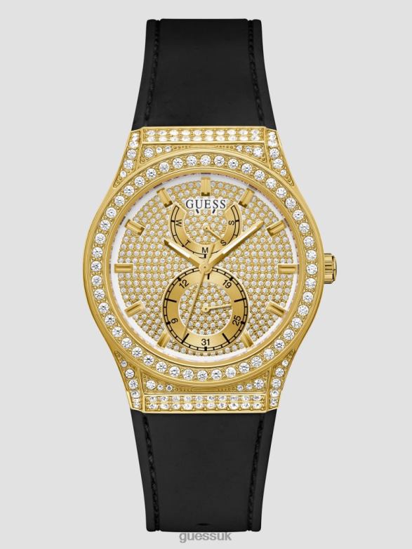 GUESS Women Crystal Silicone Multifunction Watch Gold-Tone and Black Accessory V28V63637