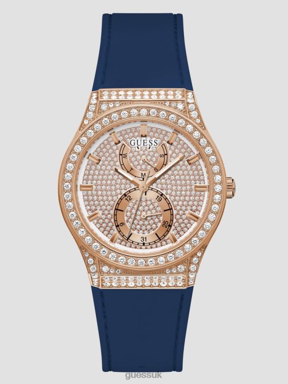 GUESS Women Crystal Silicone Multifunction Watch Rose Gold-Tone and Blue Accessory V28V63612