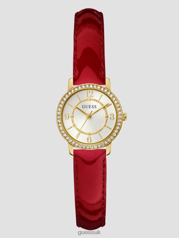GUESS Women Crystal and Red Leather Analog Watch Gold Accessory V28V63634
