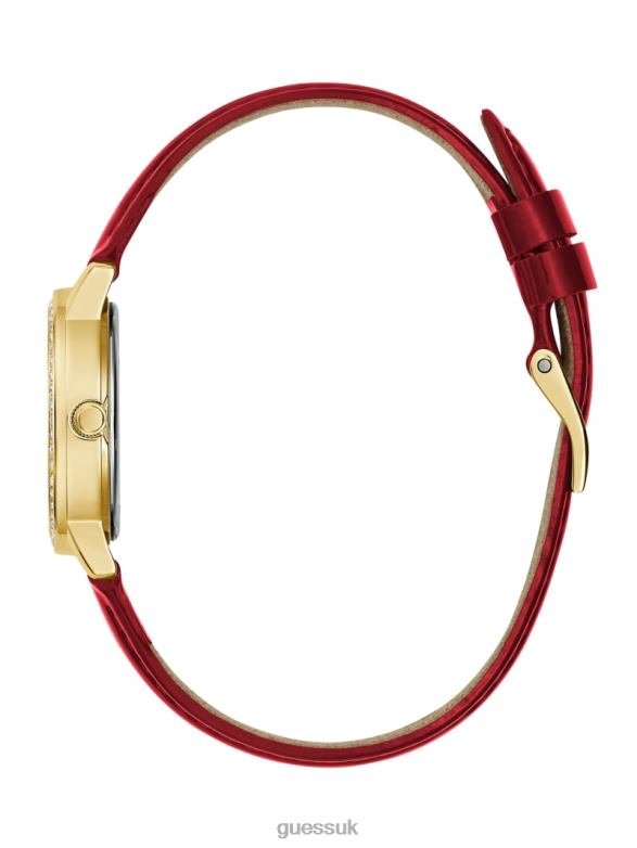 GUESS Women Crystal and Red Leather Analog Watch Gold Accessory V28V63634