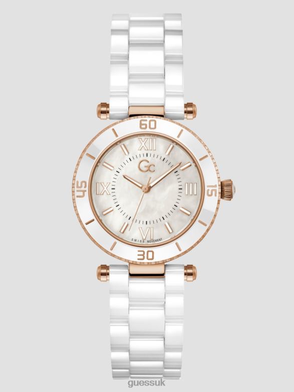 GUESS Women Gc Mother-of-Pearl and Ceramic Analog Watch Rose Gold Accessory V28V63633