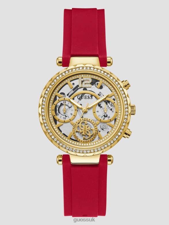 GUESS Women Red Silicone Multifunction Watch Gold Accessory V28V63648