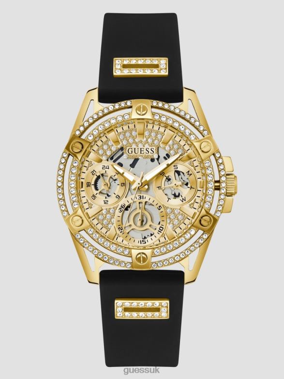 GUESS Women Silicone Multifunction Watch Gold-Tone and Black Accessory V28V63641