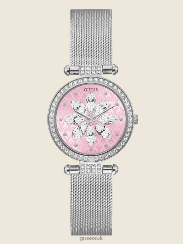 GUESS Women Sparkling Mesh Analog Watch Silver & Pink Accessory V28V63596