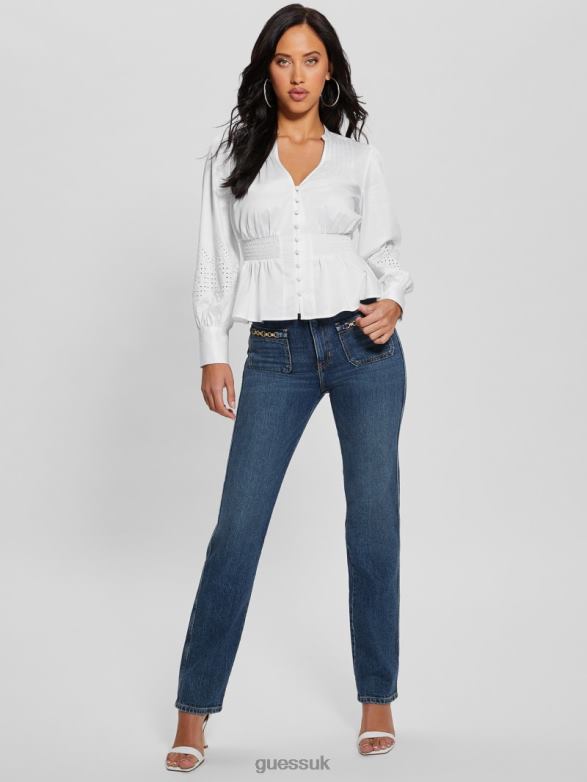 GUESS Women Avery Eyelet Embroidered Top Pure White Apparel V28V61042