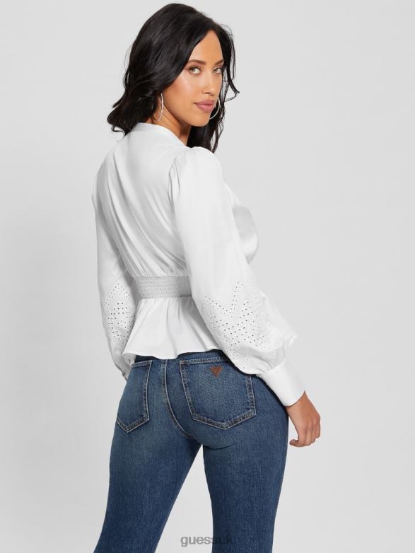 GUESS Women Avery Eyelet Embroidered Top Pure White Apparel V28V61042