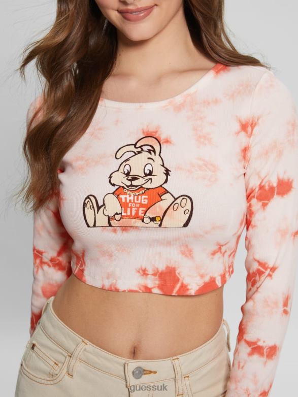 GUESS Women Bunny Graphic Tie-Dye Top Hello Peach Multi Apparel V28V61040