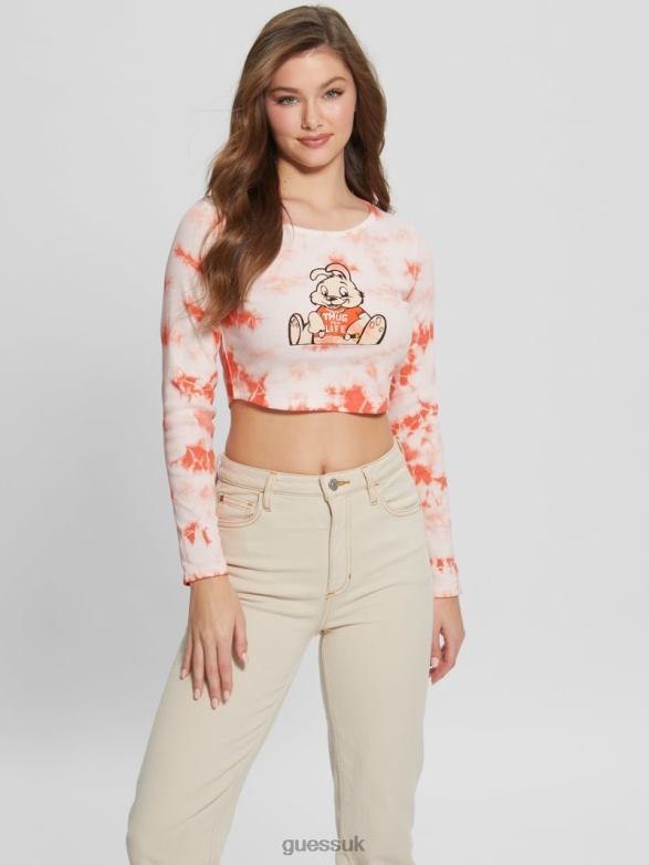 GUESS Women Bunny Graphic Tie-Dye Top Hello Peach Multi Apparel V28V61040