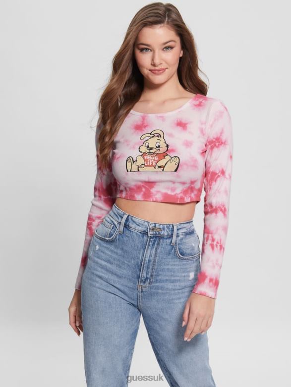 GUESS Women Bunny Graphic Tie-Dye Top Morning Pink Multi Apparel V28V61278