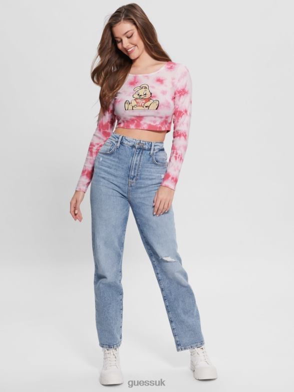GUESS Women Bunny Graphic Tie-Dye Top Morning Pink Multi Apparel V28V61278
