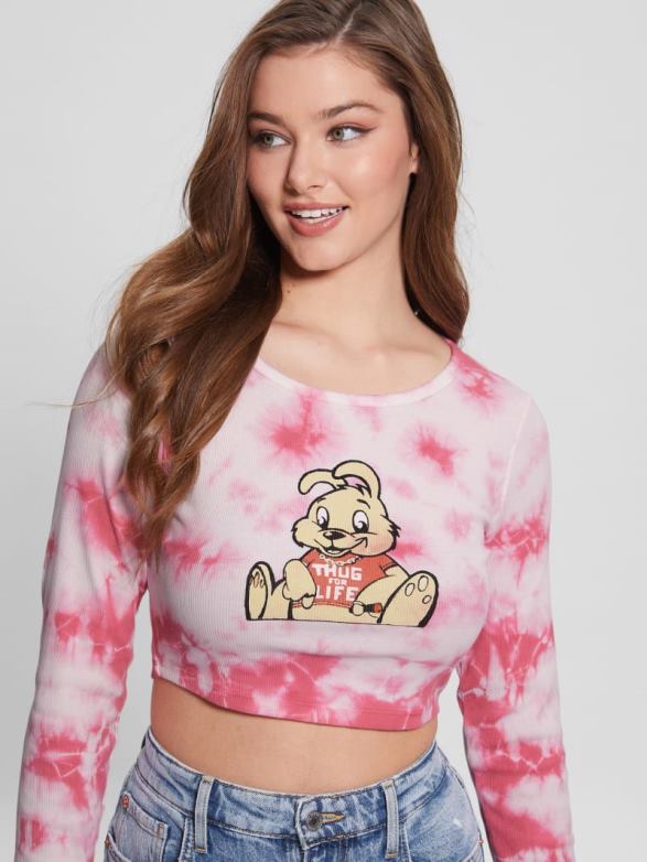 GUESS Women Bunny Graphic Tie-Dye Top Morning Pink Multi Apparel V28V61278