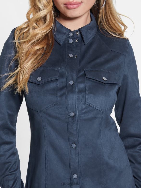 GUESS Women Daisy Faux-Suede Western Shirt Blackened Blue Apparel V28V61195