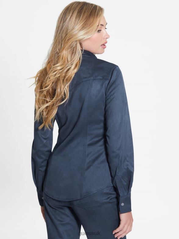 GUESS Women Daisy Faux-Suede Western Shirt Blackened Blue Apparel V28V61195