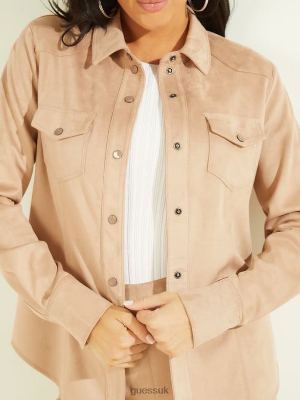 GUESS Women Daisy Faux-Suede Western Shirt Globe Beige Apparel V28V61626