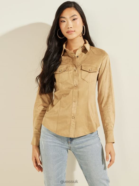GUESS Women Daisy Faux-Suede Western Shirt Mountain Honey Apparel V28V61501
