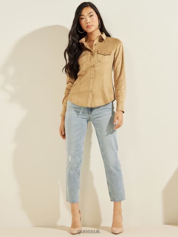 GUESS Women Daisy Faux-Suede Western Shirt Mountain Honey Apparel V28V61501