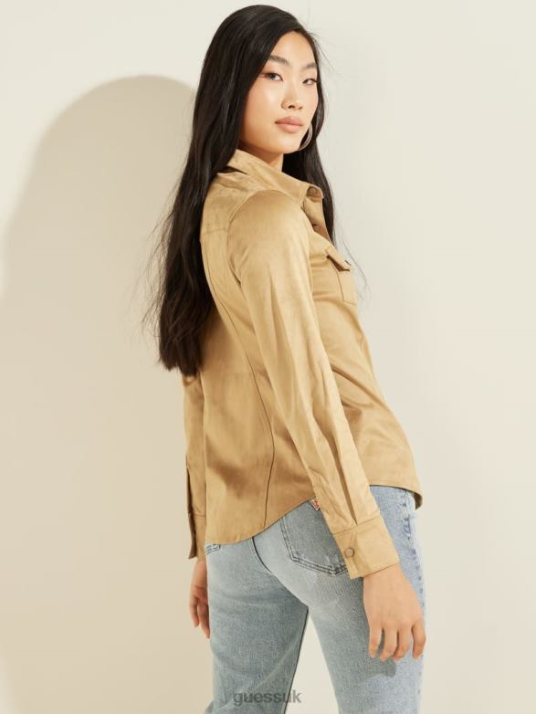 GUESS Women Daisy Faux-Suede Western Shirt Mountain Honey Apparel V28V61501