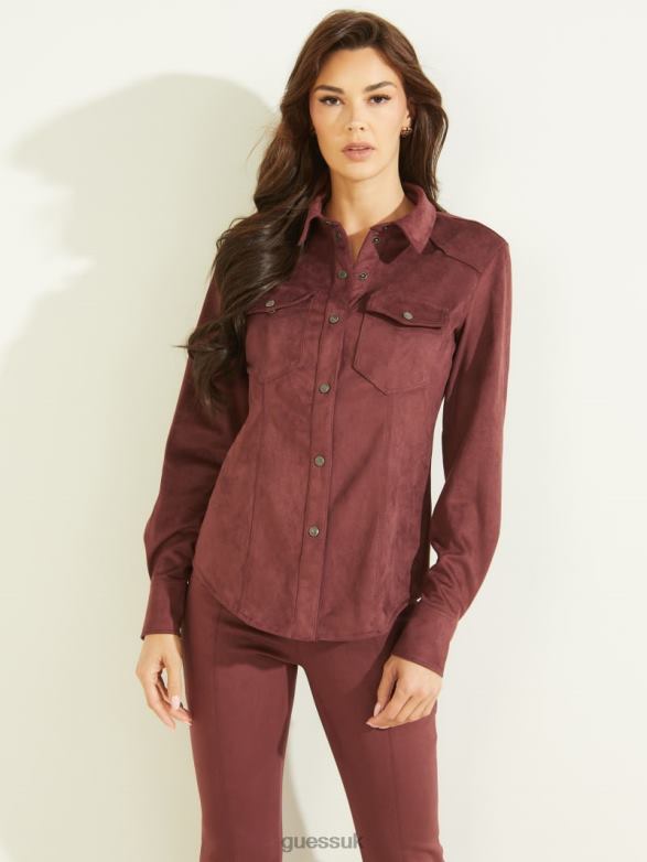 GUESS Women Daisy Faux-Suede Western Shirt Mystic Wine Apparel V28V61464