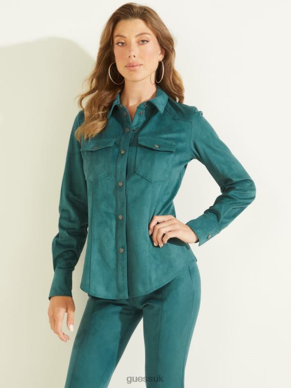 GUESS Women Daisy Faux-Suede Western Shirt Regal Teal Apparel V28V61450