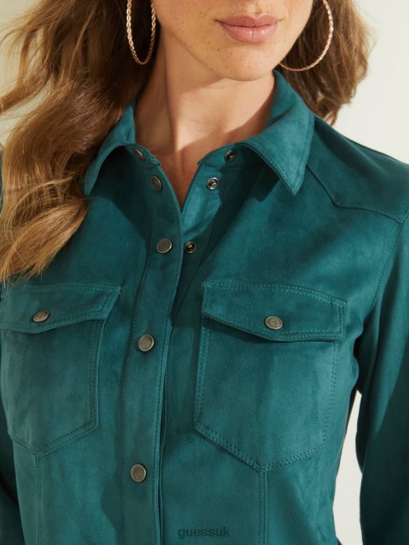 GUESS Women Daisy Faux-Suede Western Shirt Regal Teal Apparel V28V61450