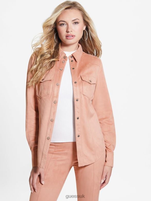GUESS Women Daisy Faux-Suede Western Shirt Satin Rose Apparel V28V61425