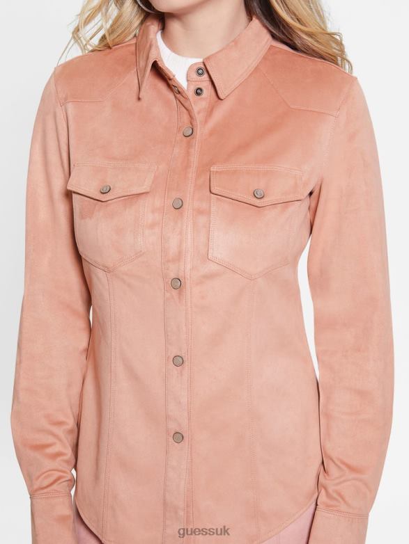 GUESS Women Daisy Faux-Suede Western Shirt Satin Rose Apparel V28V61425