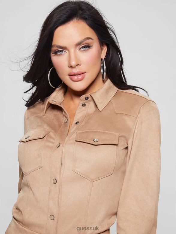 GUESS Women Daisy Faux-Suede Western Shirt Wet Sand Apparel V28V61109