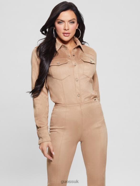 GUESS Women Daisy Faux-Suede Western Shirt Wet Sand Apparel V28V61109