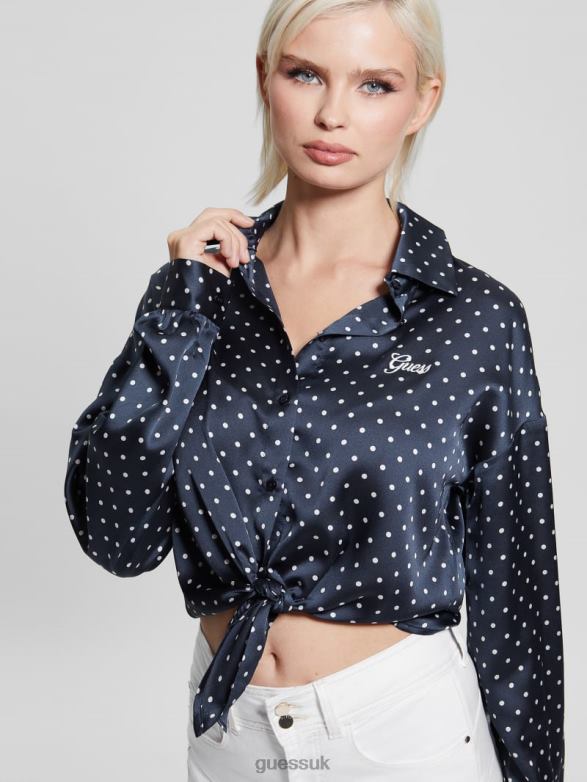 GUESS Women Eco Bow Jun Shirt Blackened Blue Pois Apparel V28V61181