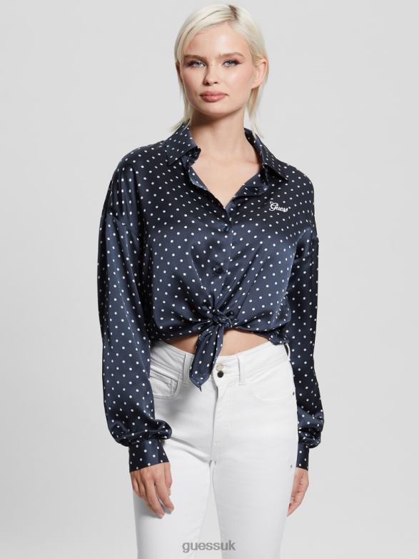 GUESS Women Eco Bow Jun Shirt Blackened Blue Pois Apparel V28V61181