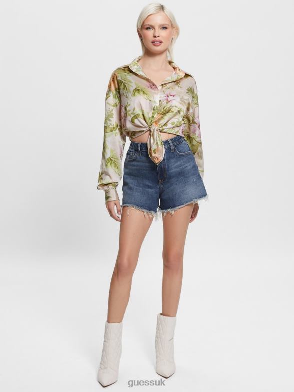 GUESS Women Eco Bow Jun Shirt Heirloom Hibiscus Apparel V28V61197