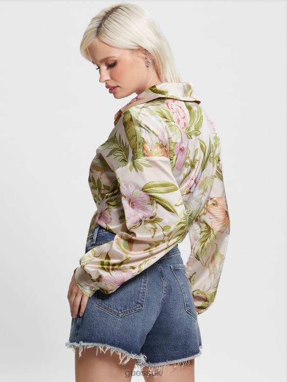 GUESS Women Eco Bow Jun Shirt Heirloom Hibiscus Apparel V28V61197