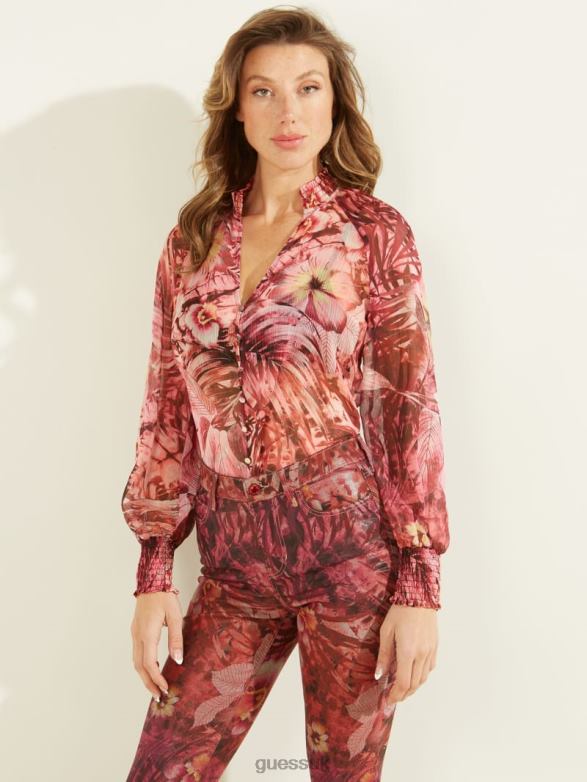 GUESS Women Eco Charley Top Batik Tropical Print Pink Apparel V28V61639