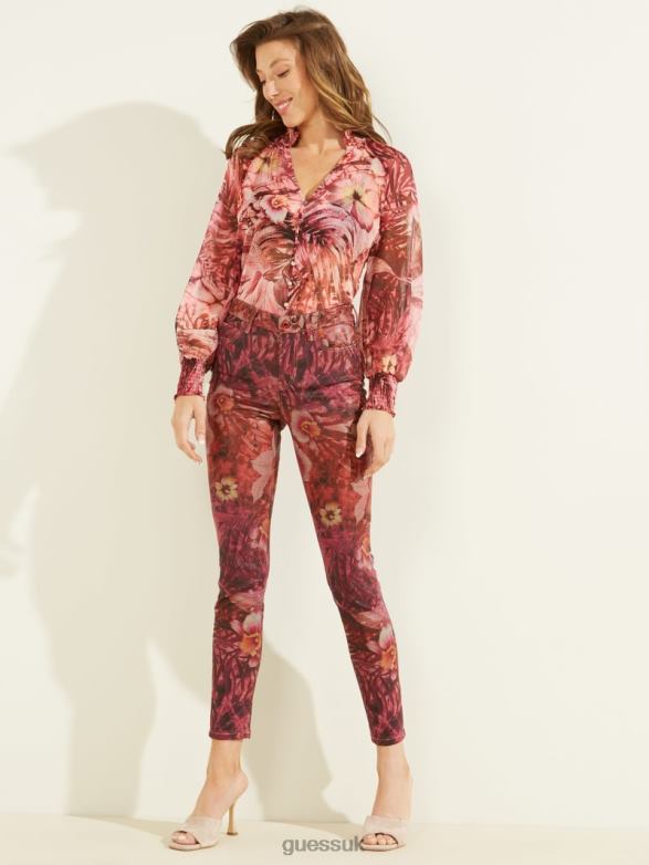 GUESS Women Eco Charley Top Batik Tropical Print Pink Apparel V28V61639