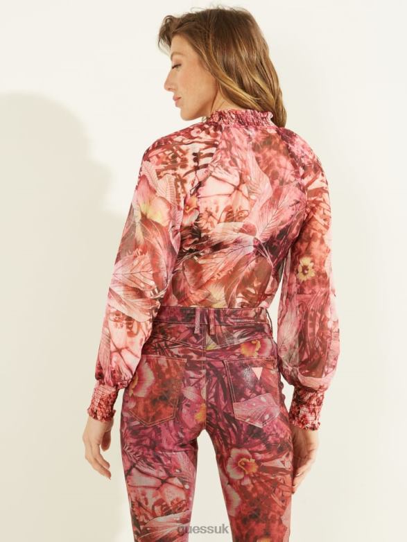 GUESS Women Eco Charley Top Batik Tropical Print Pink Apparel V28V61639