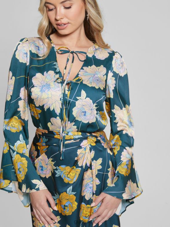 GUESS Women Eco Faiza Top Future Floral Print Blue Apparel V28V61654