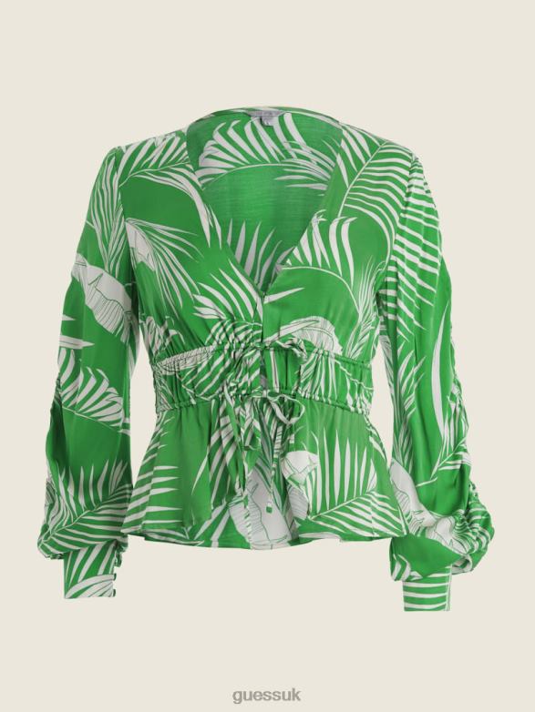 GUESS Women Eco Faye Top Baja Palm Print Green Apparel V28V61609