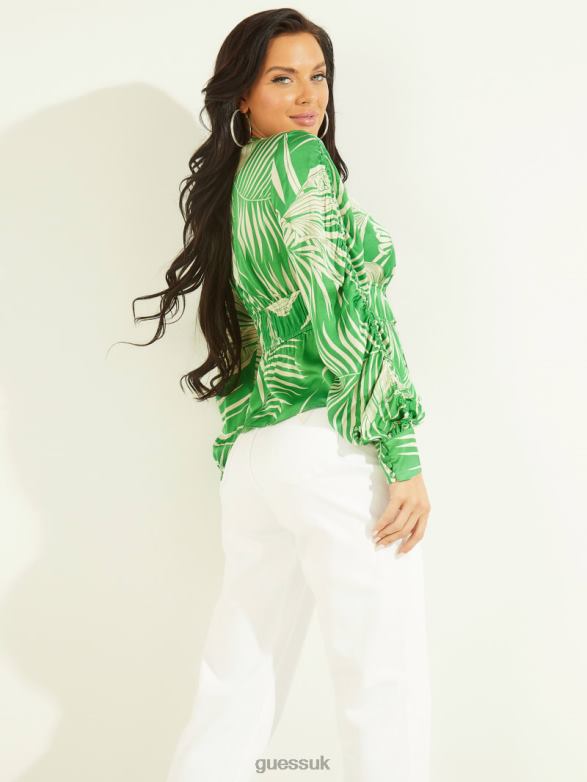 GUESS Women Eco Faye Top Baja Palm Print Green Apparel V28V61609