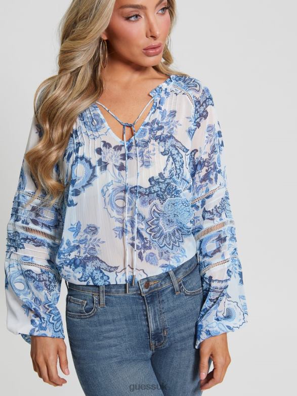 GUESS Women Eco Gilda Sheer Long-Sleeve Blouse Blue Collectibles Apparel V28V61052